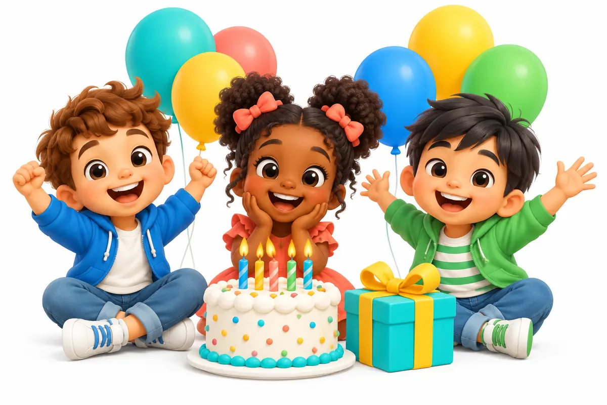 Illustration of children celebrating a birthday party with cake and balloons