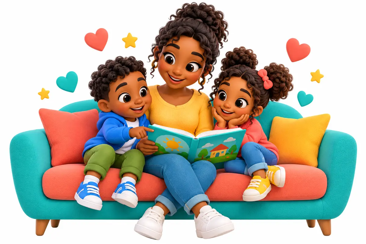 Illustration of children learning and developing with supportive parents