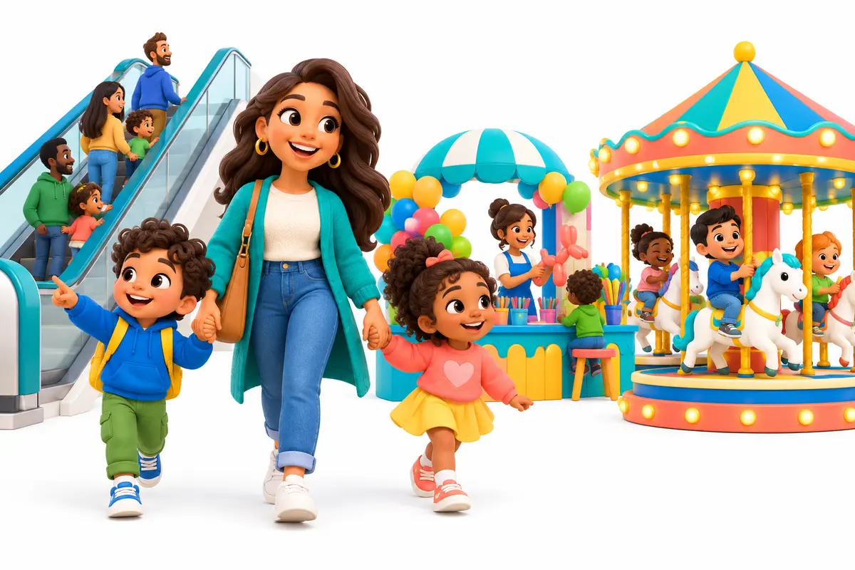 Illustration of kids entertainment attractions at New York shopping malls