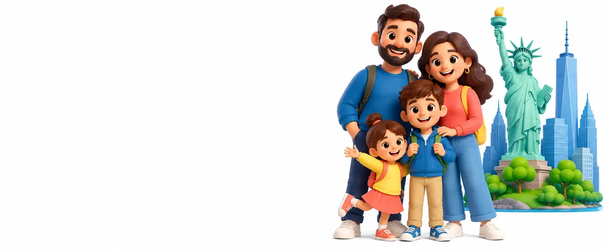 Illustration of children and parents exploring fun things to do in New York City near the Statue of Liberty